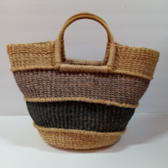 Natural Fiber Vintage Handmade Rope Tote Blue/Tan Stripes with Wooden Handles - Picture 10 of 10